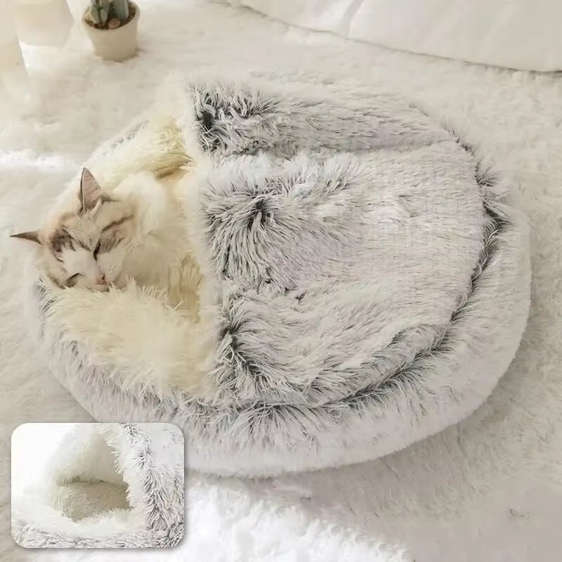 2-in-1 Plush Hooded Pet Bed – Ultra-Soft Fluffy Cave Nest for Cats & Small Dogs | Cozy, Warm & Calming