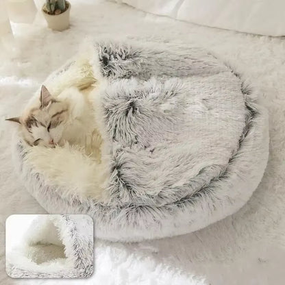 2-in-1 Plush Hooded Pet Bed – Ultra-Soft Fluffy Cave Nest for Cats & Small Dogs | Cozy, Warm & Calming
