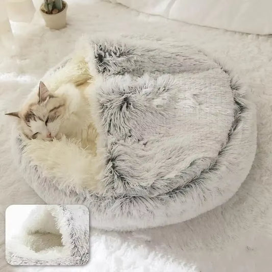 2-in-1 Plush Hooded Pet Bed – Ultra-Soft Fluffy Cave Nest for Cats & Small Dogs | Cozy, Warm & Calming