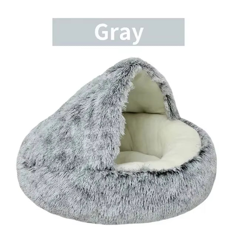 2-in-1 Plush Hooded Pet Bed – Ultra-Soft Fluffy Cave Nest for Cats & Small Dogs | Cozy, Warm & Calming