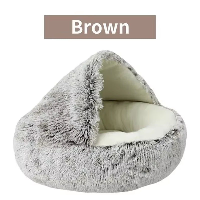 2-in-1 Plush Hooded Pet Bed – Ultra-Soft Fluffy Cave Nest for Cats & Small Dogs | Cozy, Warm & Calming