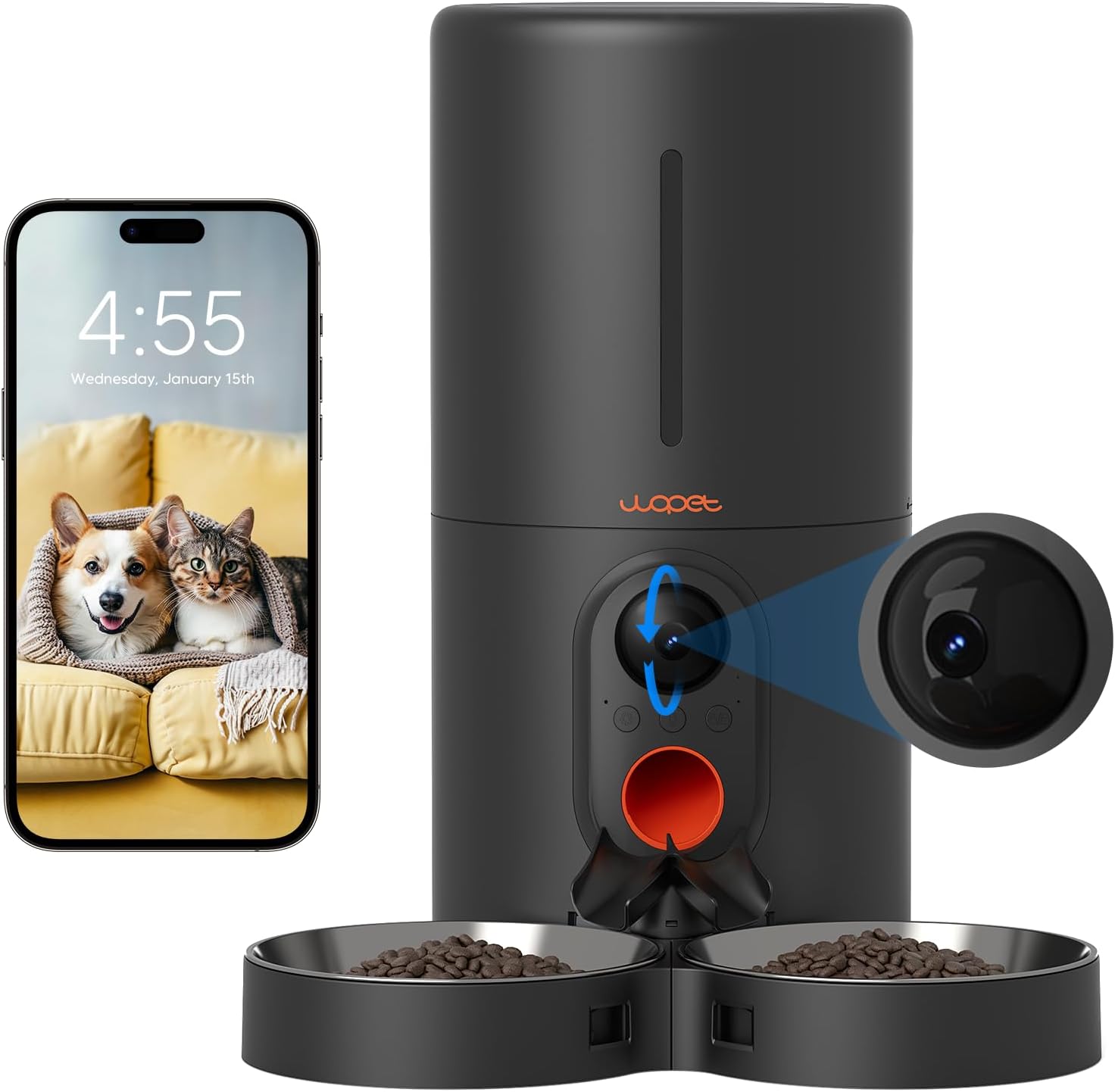 Automatic Cat Feeders 2 Cats- Timed Cat Food Dispenser with 10S Voice Recording, Portion Control, Dog Feeders for Dry Food, up to 1-6 Meals per Day Black