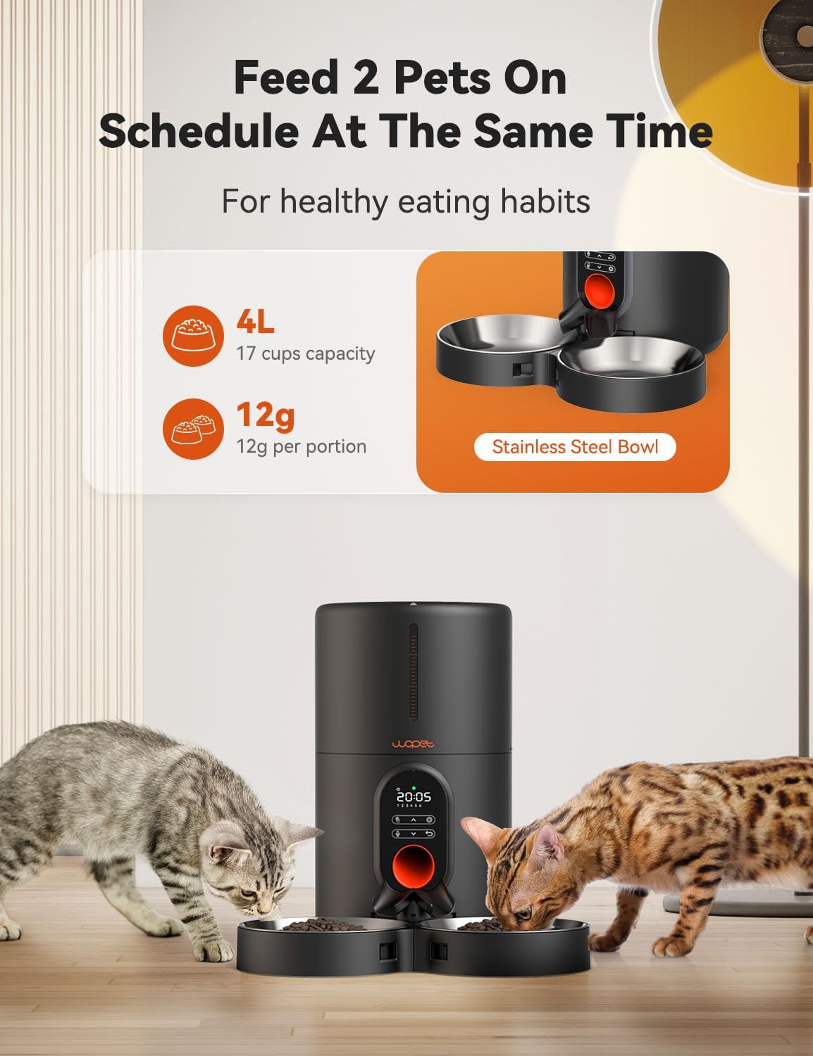 Automatic Cat Feeders 2 Cats- Timed Cat Food Dispenser with 10S Voice Recording, Portion Control, Dog Feeders for Dry Food, up to 1-6 Meals per Day Black