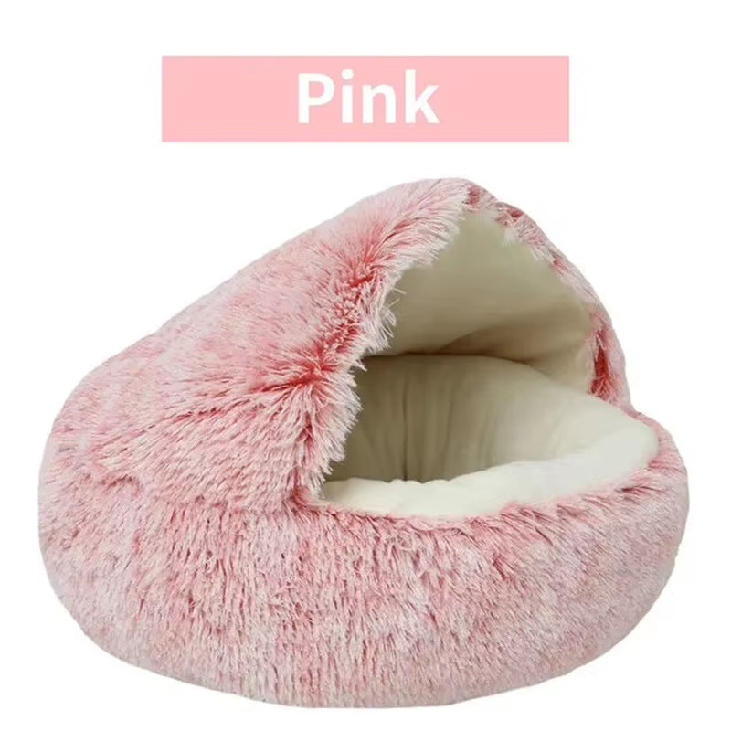 2-in-1 Plush Hooded Pet Bed – Ultra-Soft Fluffy Cave Nest for Cats & Small Dogs | Cozy, Warm & Calming