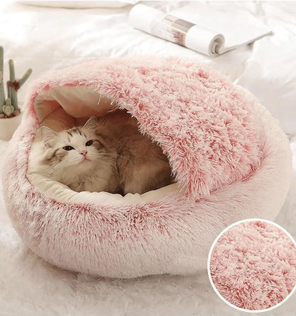 2-in-1 Plush Hooded Pet Bed – Ultra-Soft Fluffy Cave Nest for Cats & Small Dogs | Cozy, Warm & Calming