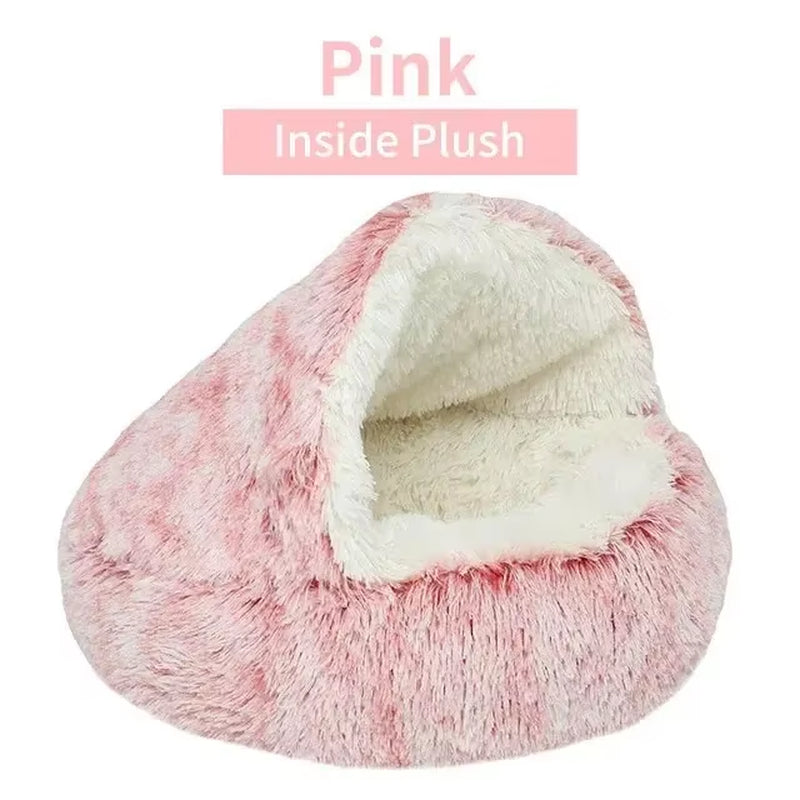 2-in-1 Plush Hooded Pet Bed – Ultra-Soft Fluffy Cave Nest for Cats & Small Dogs | Cozy, Warm & Calming