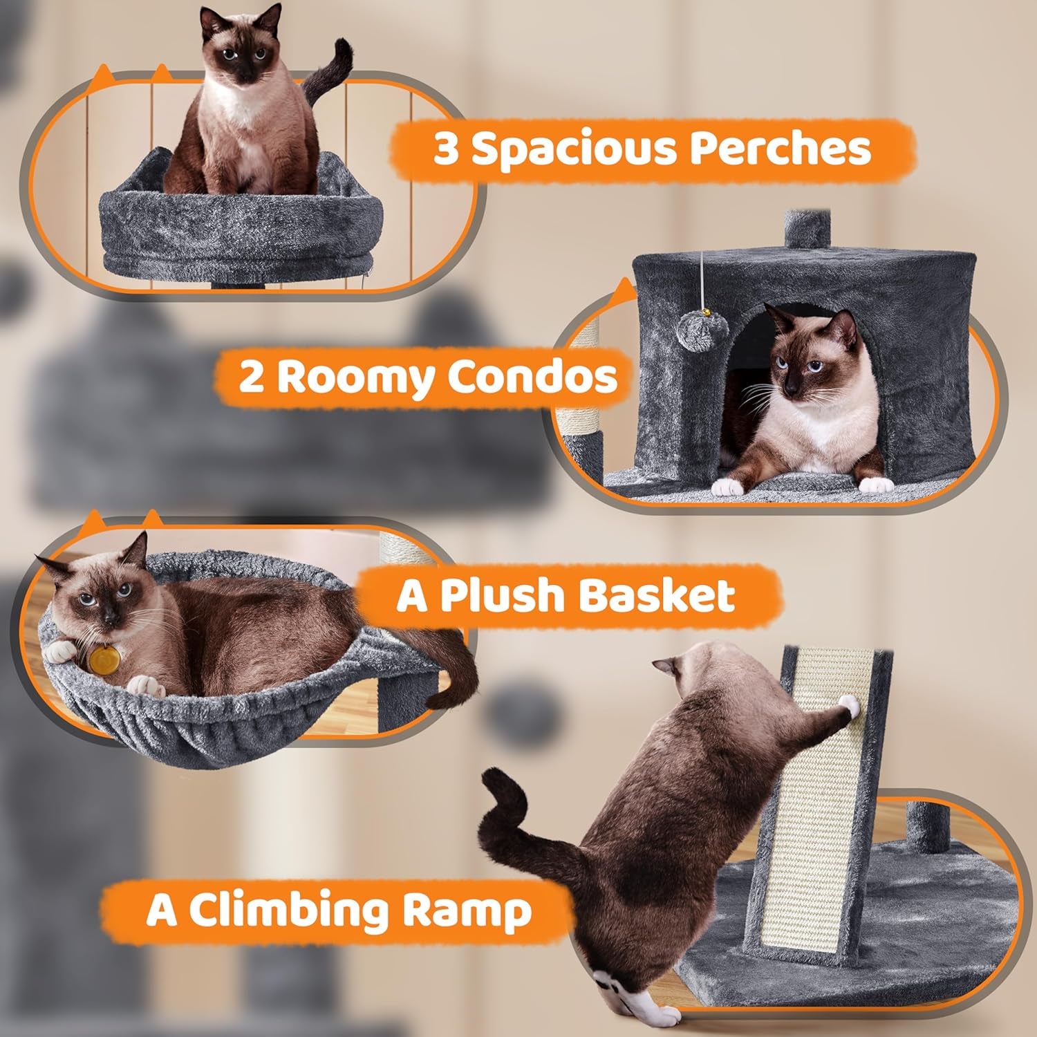 68.5In Multi-Level Large Cat Condo with Sisal-Covered Platforms Scratching Board & Scratching Posts, Cozy Perches, Stable Cat Tower/Tree Pet Play House, Dark Gray